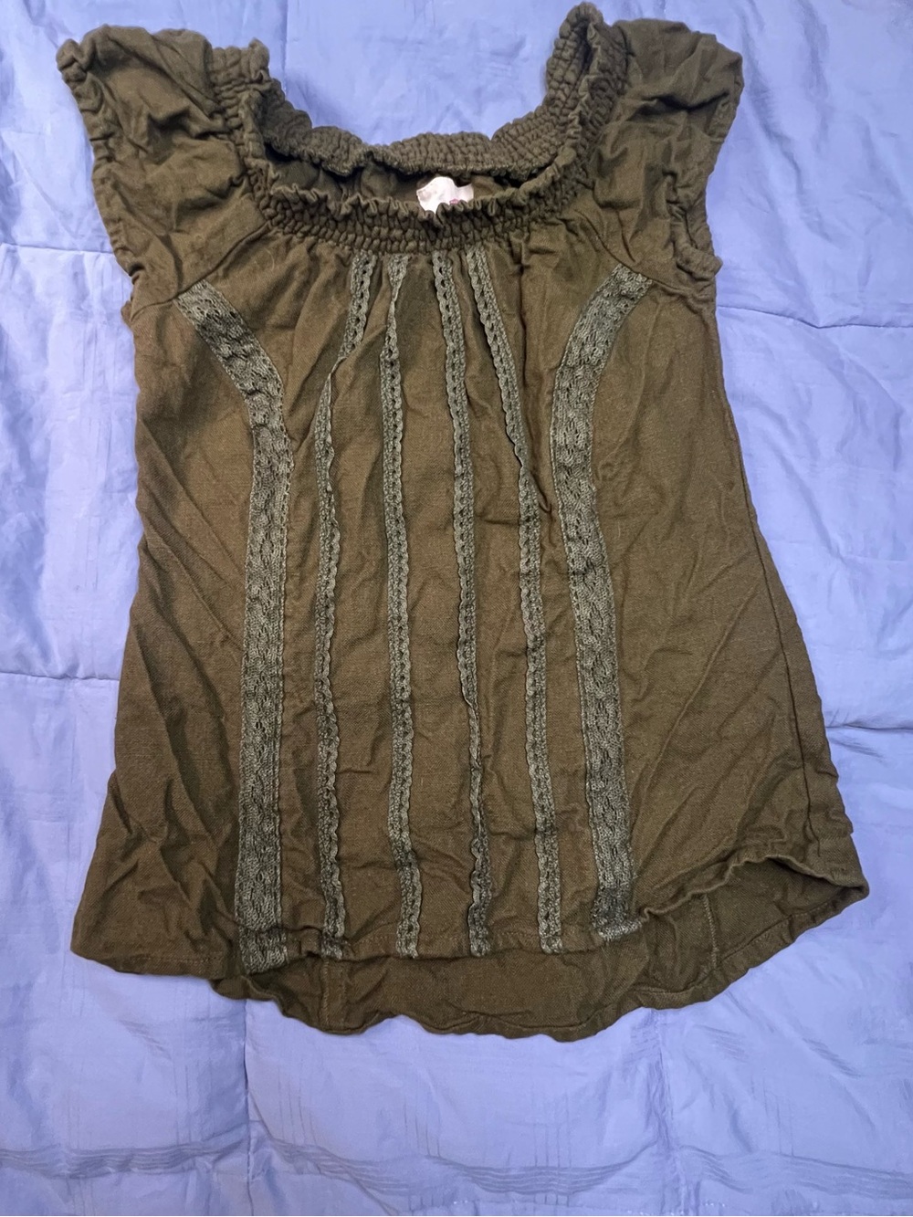 Vintage Olive Short-Sleeve Smocked Neck Tunic Top
